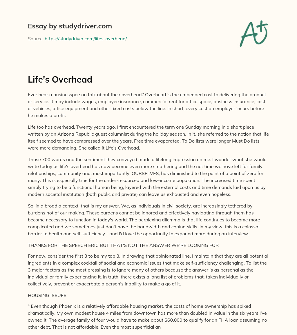 Life’s Overhead essay