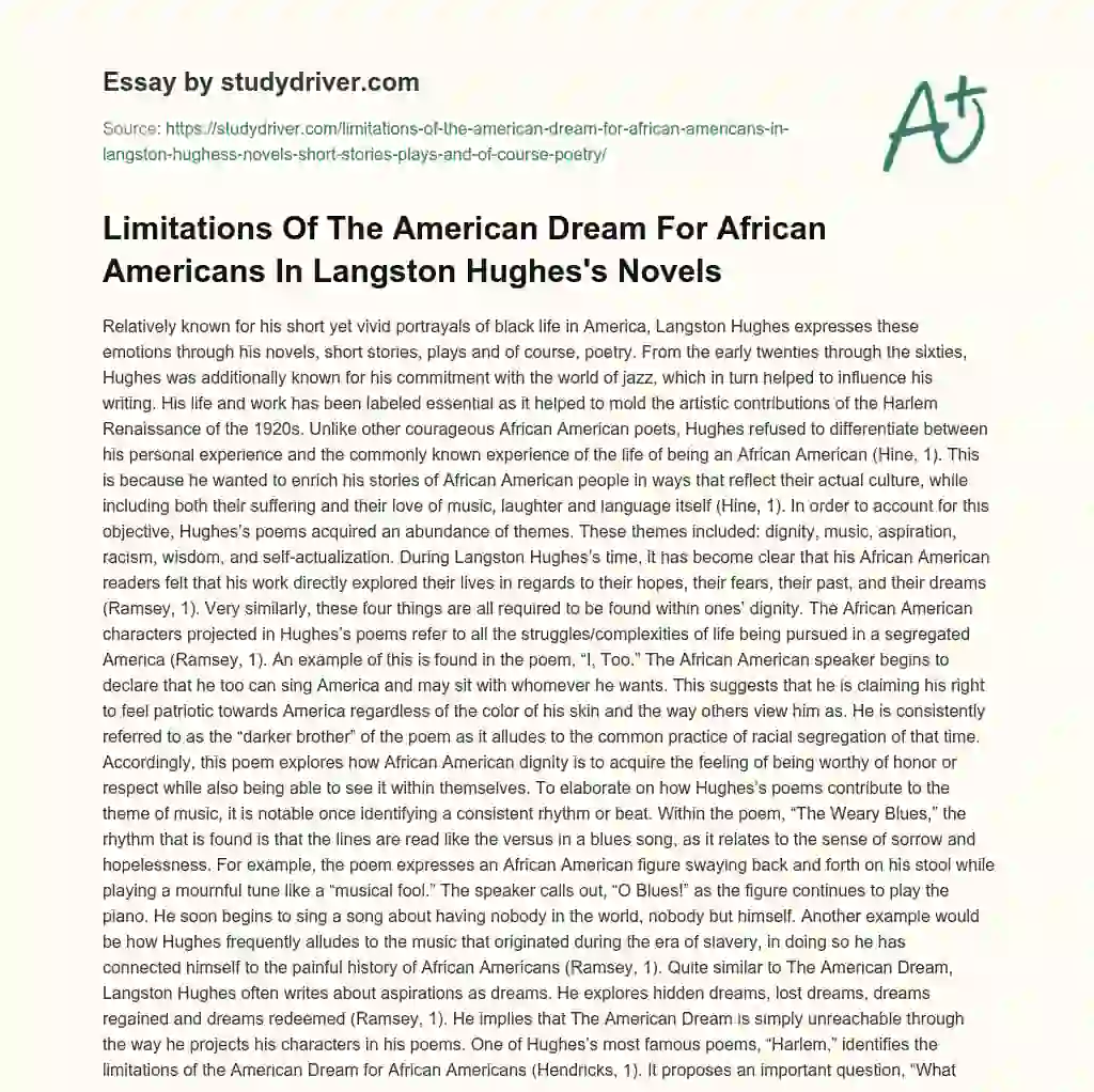 Limitations of the American Dream for African Americans in Langston Hughes’s Novels essay