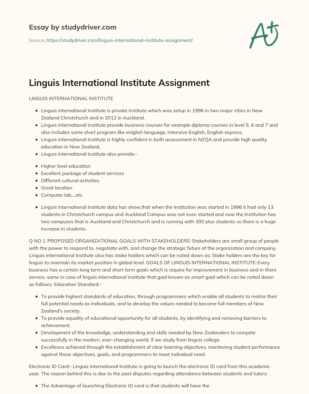 Linguis International Institute Assignment essay