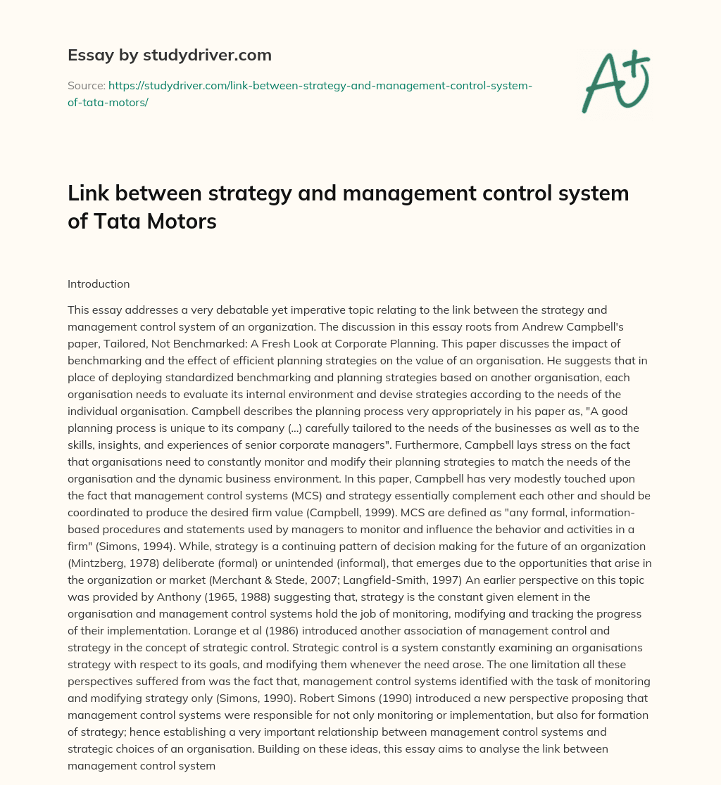 Link between Strategy and Management Control System of Tata Motors essay