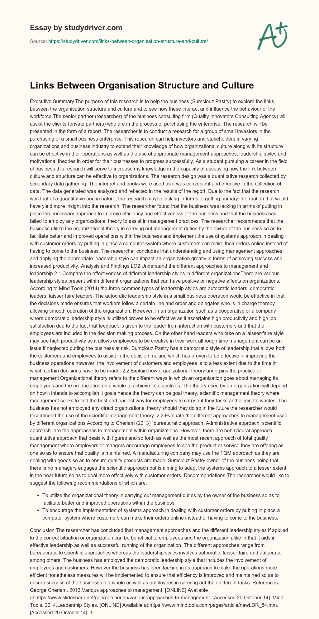 Links between Organisation Structure and Culture essay