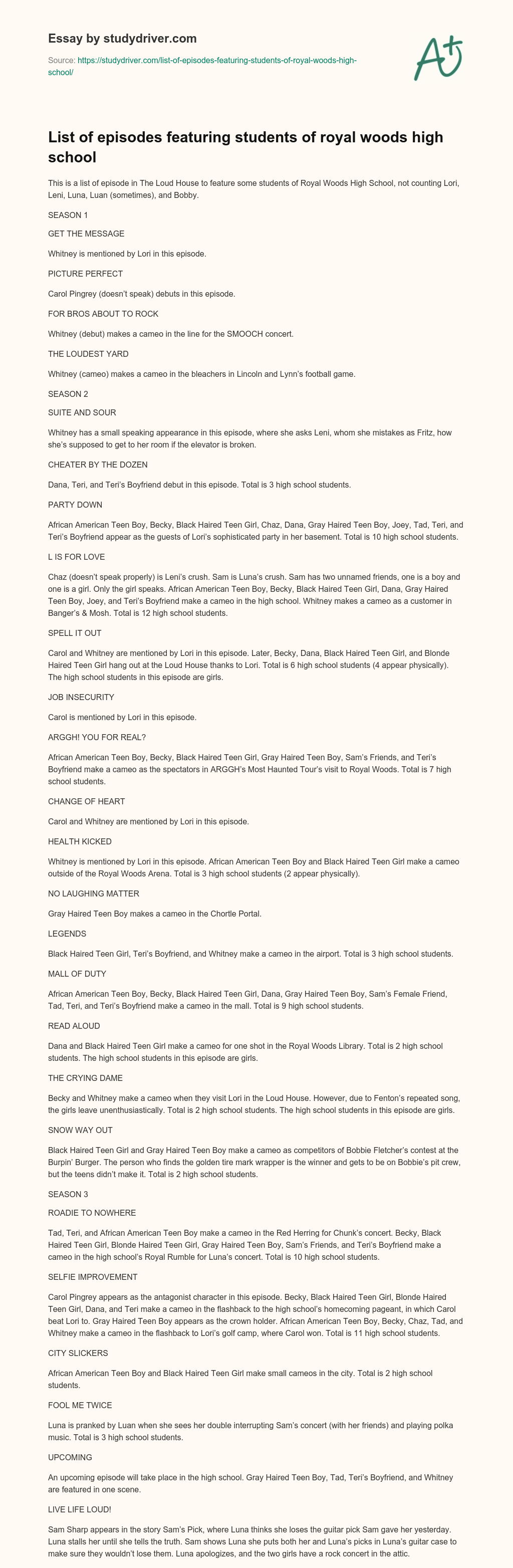 List of Episodes Featuring Students of Royal Woods High School essay