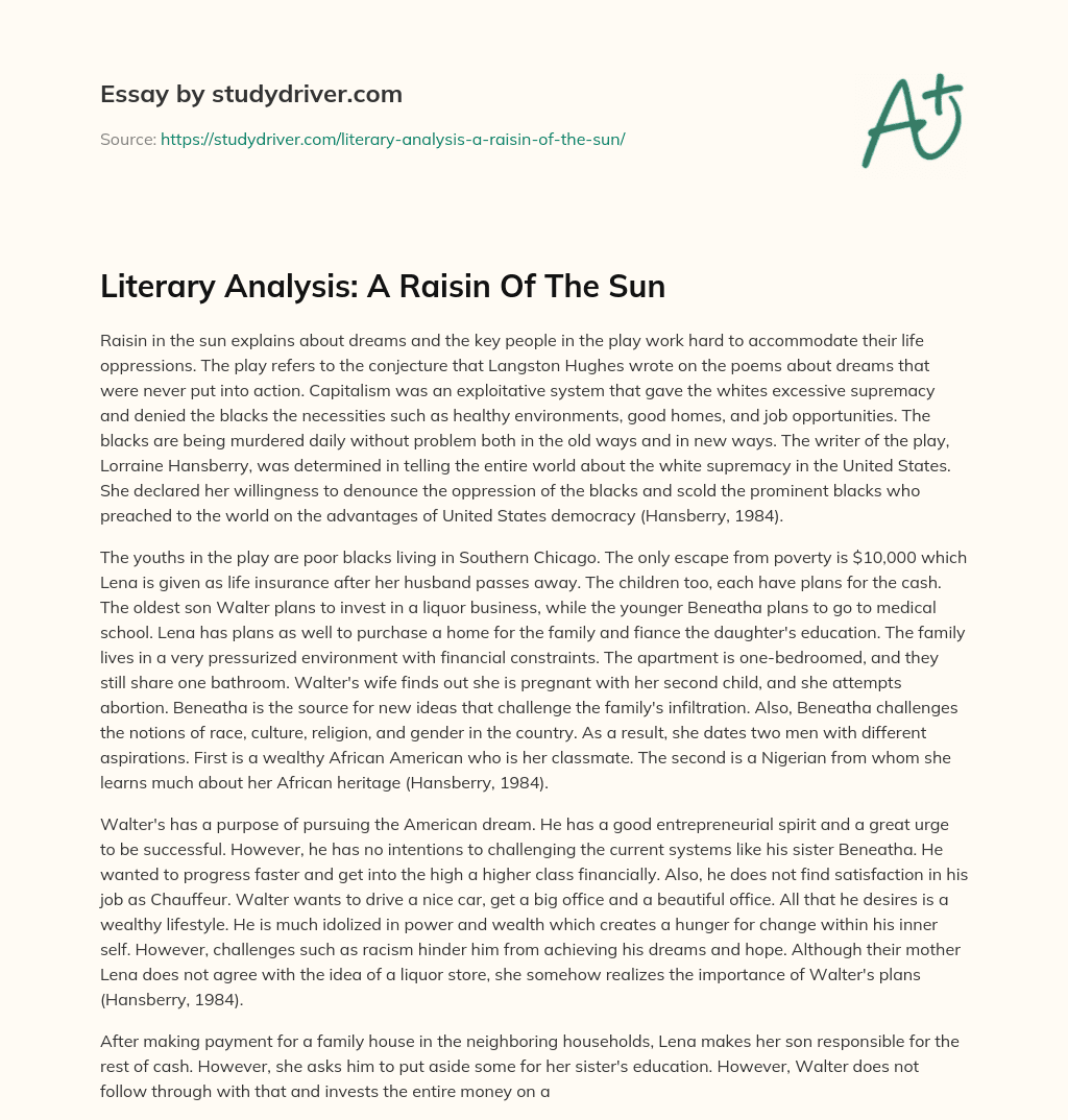 a raisin in the sun literary analysis essay