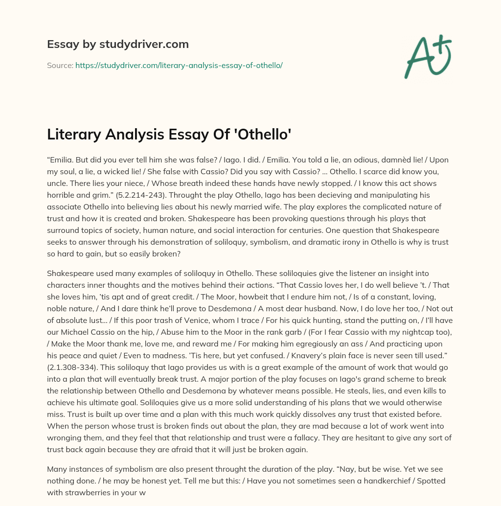 Literary Analysis Essay of ‘Othello’ essay