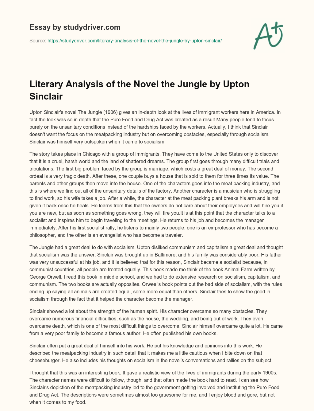 Literary Analysis of the Novel the Jungle by Upton Sinclair essay