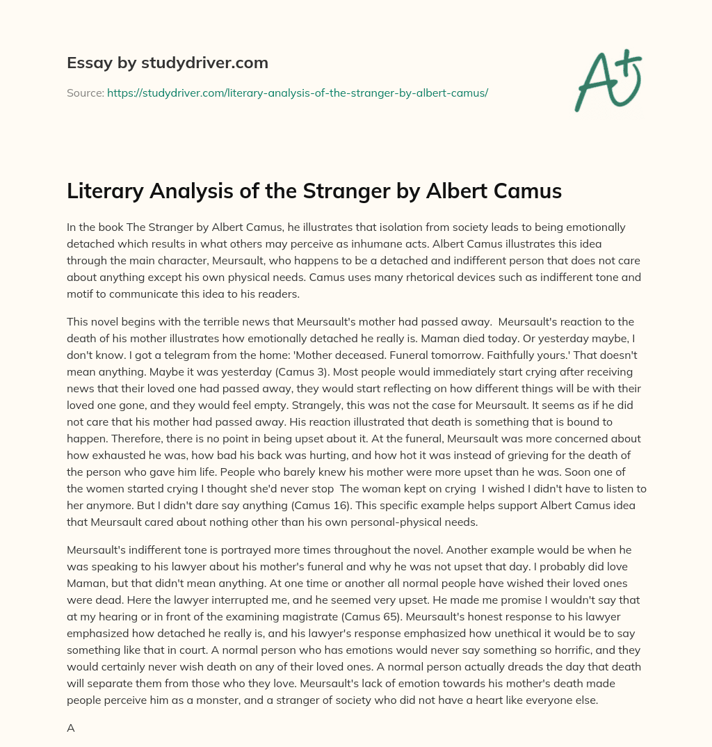Literary Analysis of the Stranger by Albert Camus essay