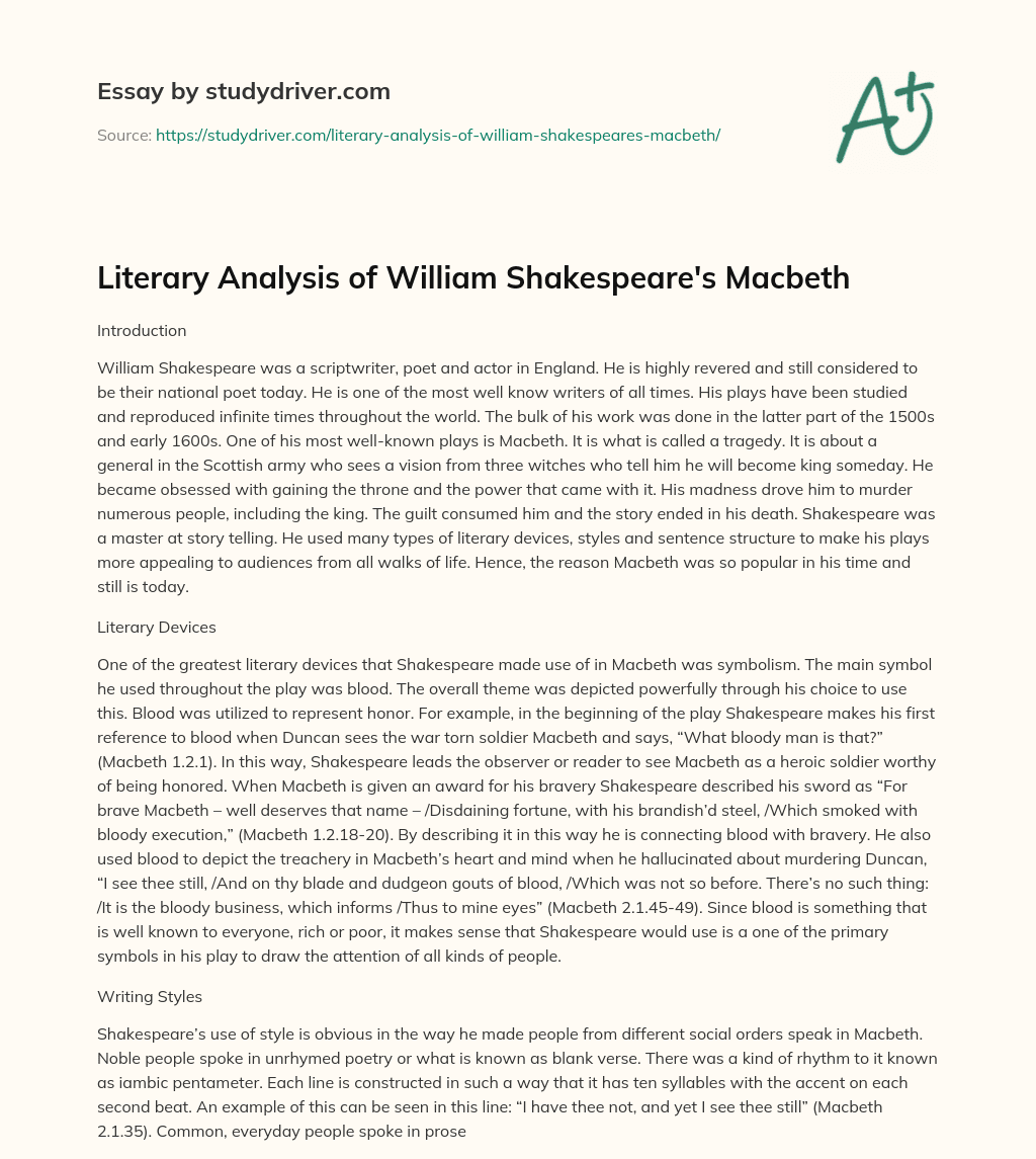 Literary Analysis of William Shakespeare’s Macbeth essay