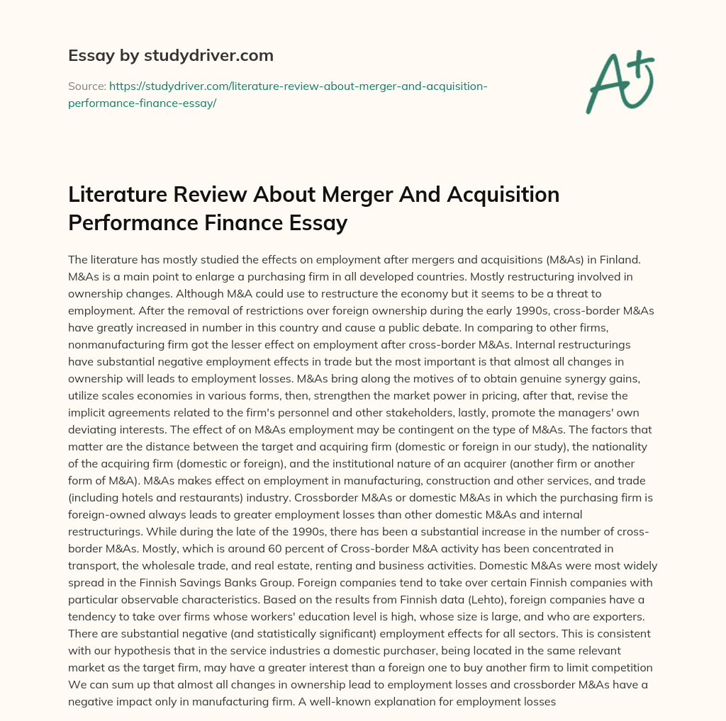 Literature Review about Merger and Acquisition Performance Finance Essay essay