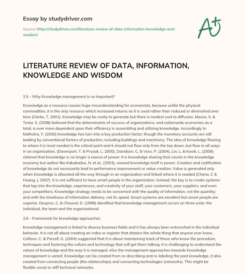 LITERATURE REVIEW of DATA, INFORMATION, KNOWLEDGE and WISDOM essay
