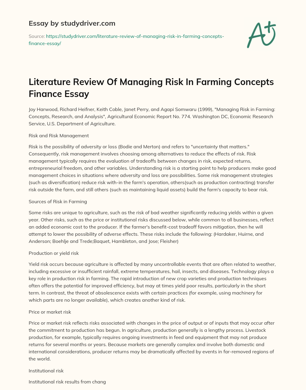 Literature Review of Managing Risk in Farming Concepts Finance Essay essay
