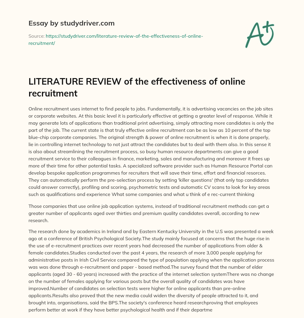LITERATURE REVIEW of the Effectiveness of Online Recruitment essay