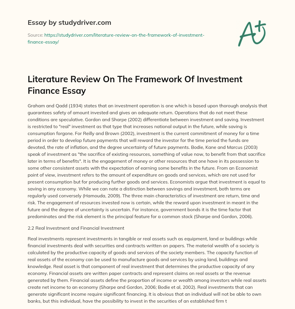 Literature Review on the Framework of Investment Finance Essay essay