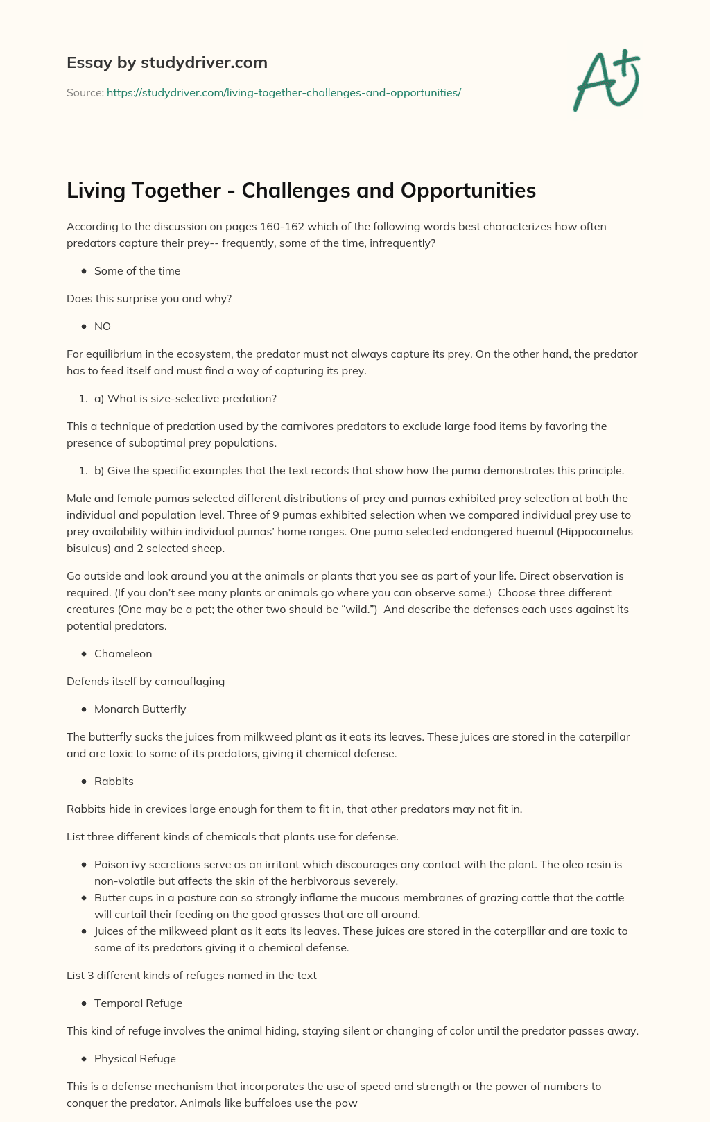 Living Together – Challenges and Opportunities essay