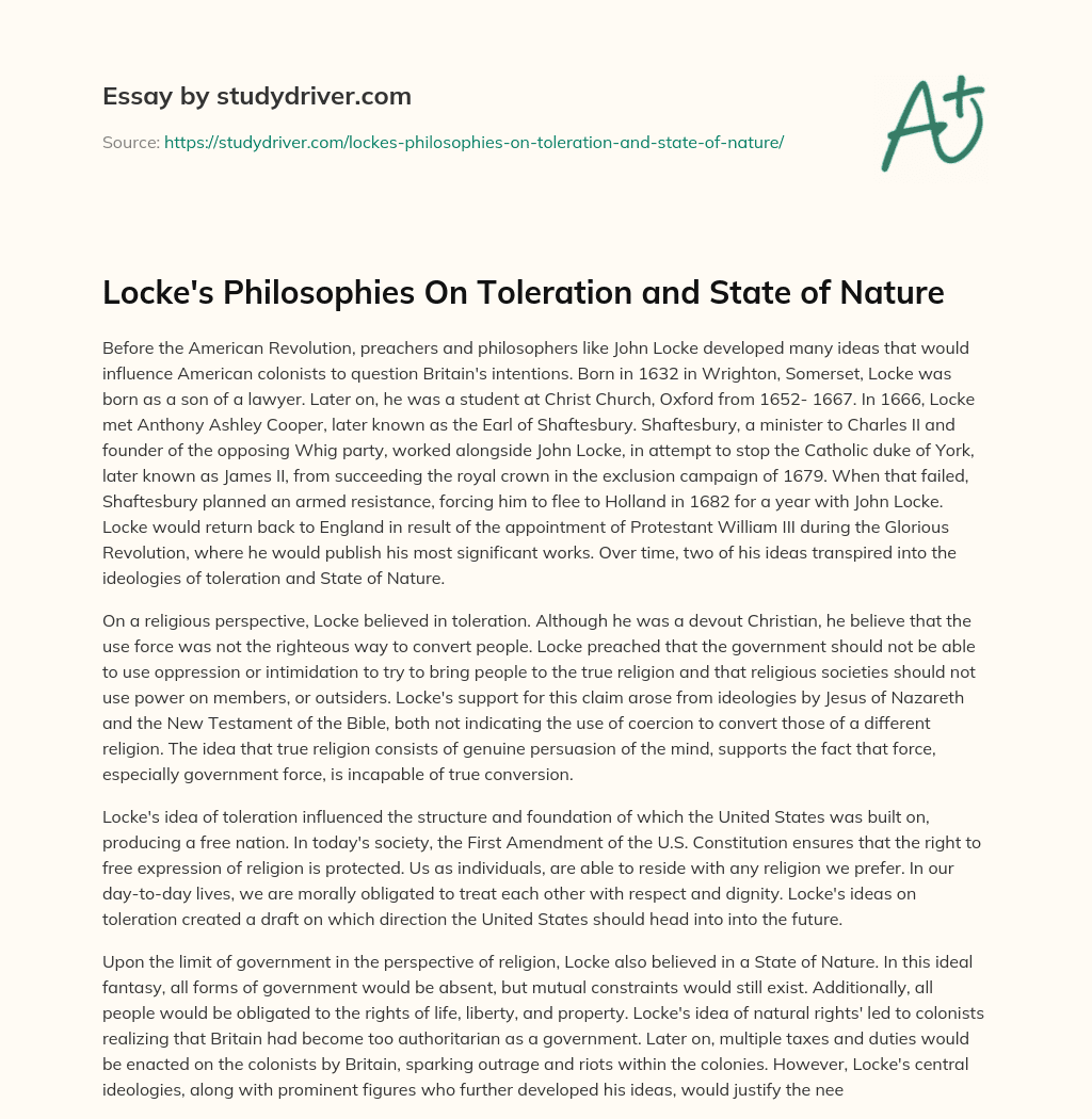 Locke’s Philosophies on Toleration and State of Nature essay