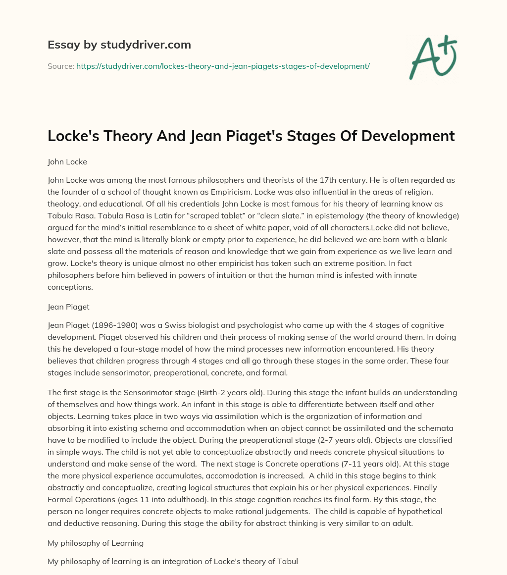 Locke’s Theory and Jean Piaget’s Stages of Development essay