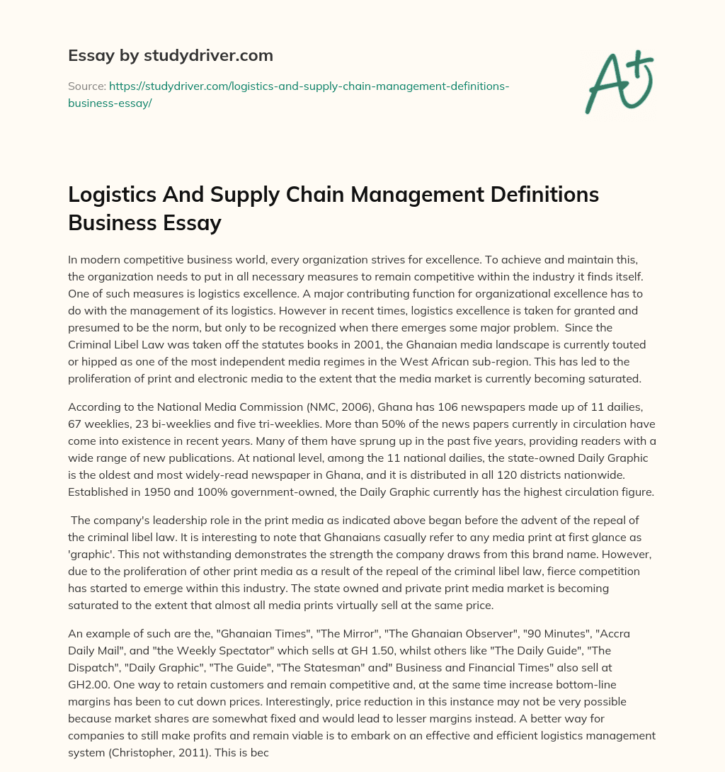 Logistics and Supply Chain Management Definitions Business Essay essay