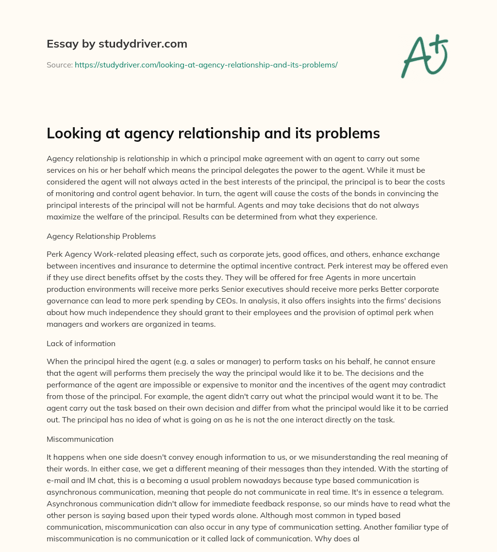 Looking at Agency Relationship and its Problems essay