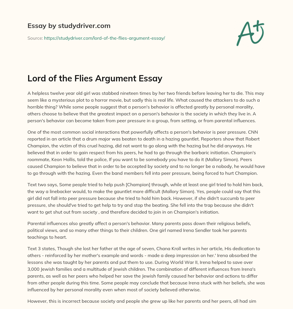 Lord of the Flies Argument Essay essay