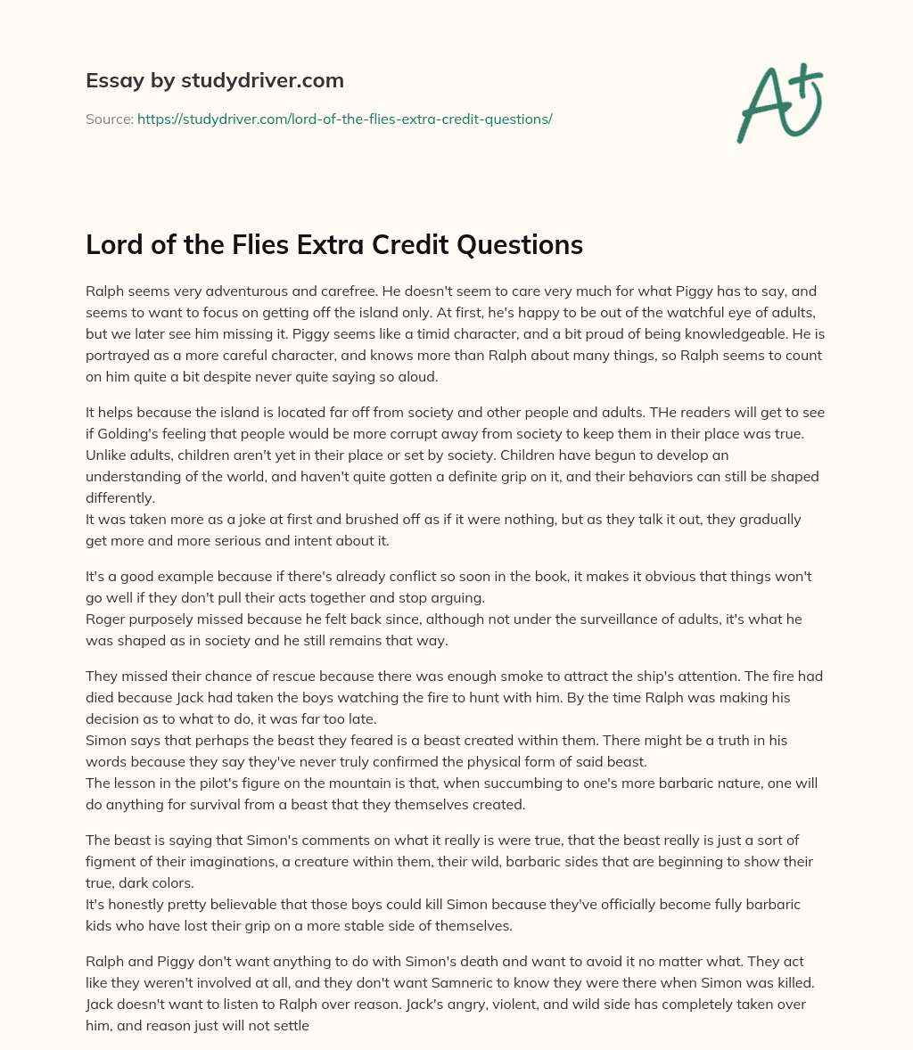 Lord of the Flies Extra Credit Questions essay