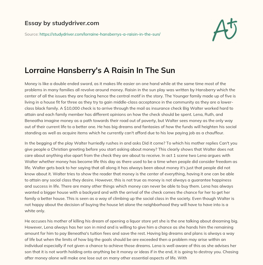 Lorraine Hansberry’s a Raisin in the Sun essay