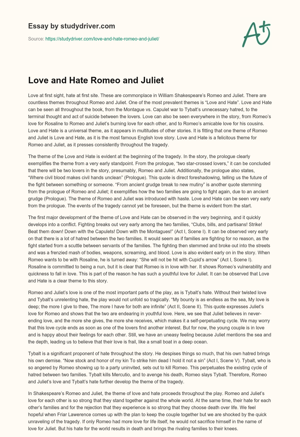 Love and Hate Romeo and Juliet essay
