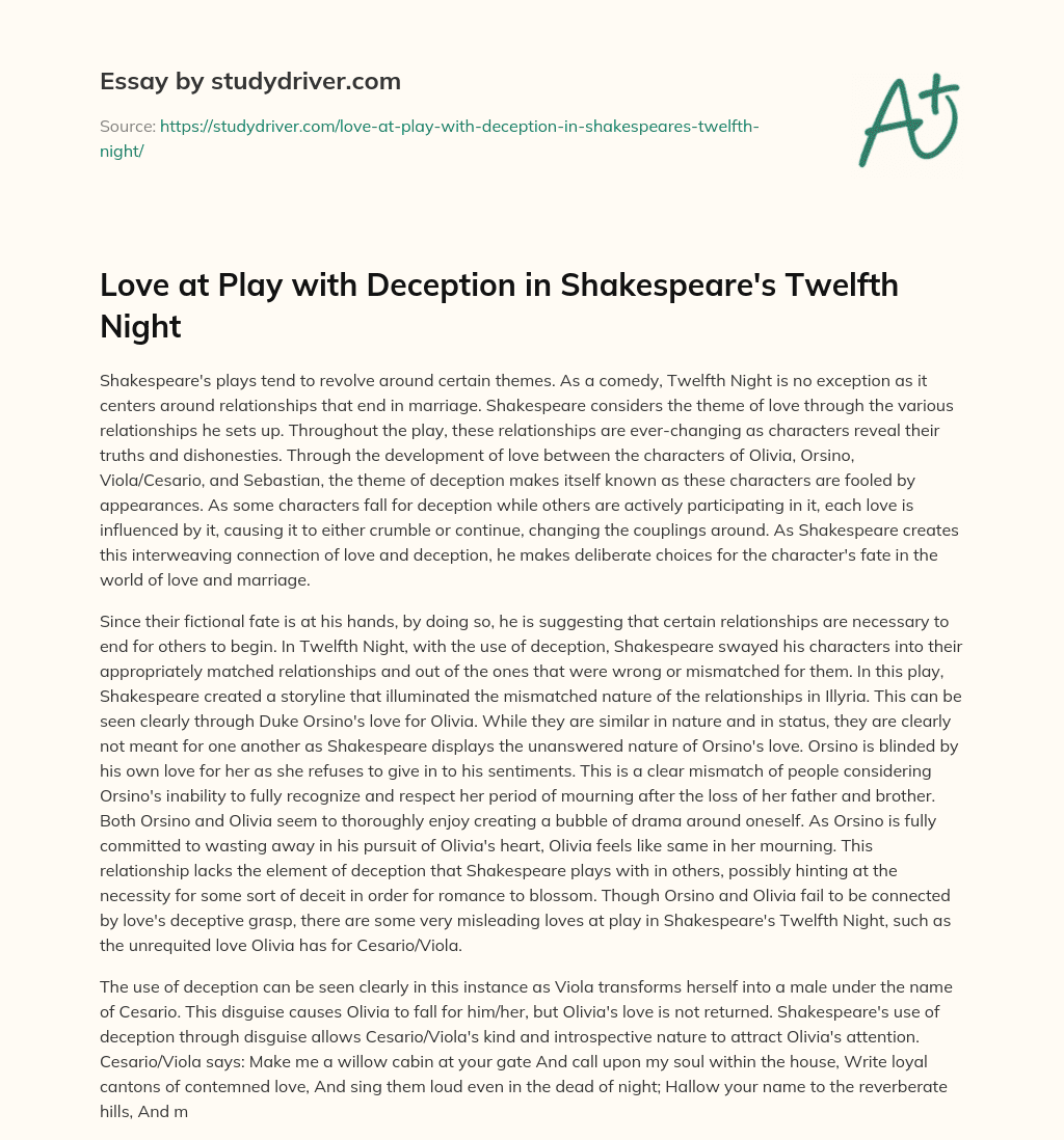 Love at Play with Deception in Shakespeare’s Twelfth Night essay