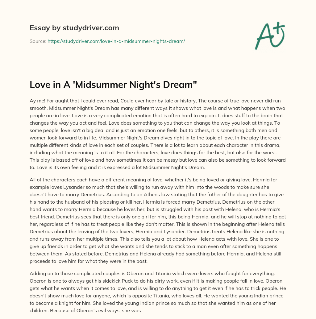 Love in a ‘Midsummer Night’s Dream” essay