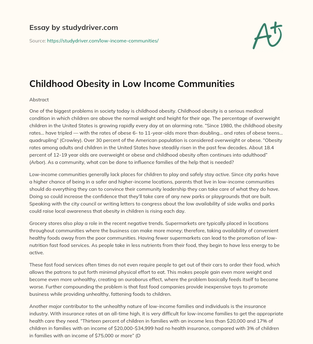 Childhood Obesity in Low Income Communities essay