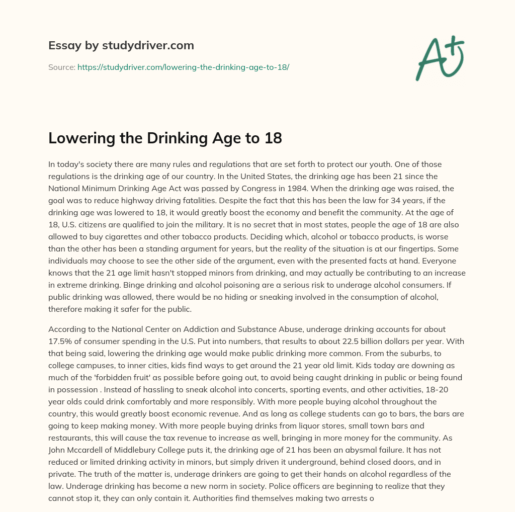 Lowering the Drinking Age to 18 essay