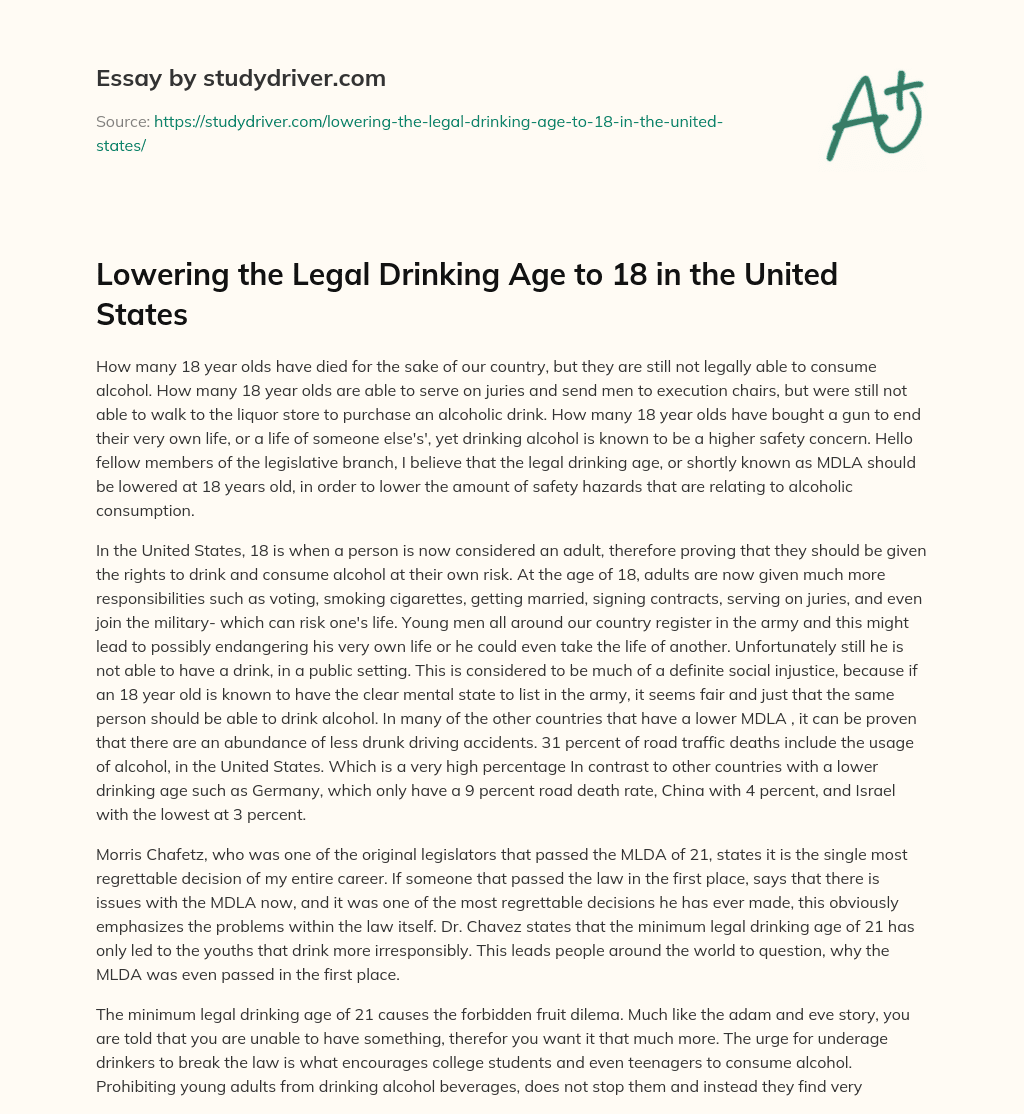 Lowering the Legal Drinking Age to 18 in the United States essay