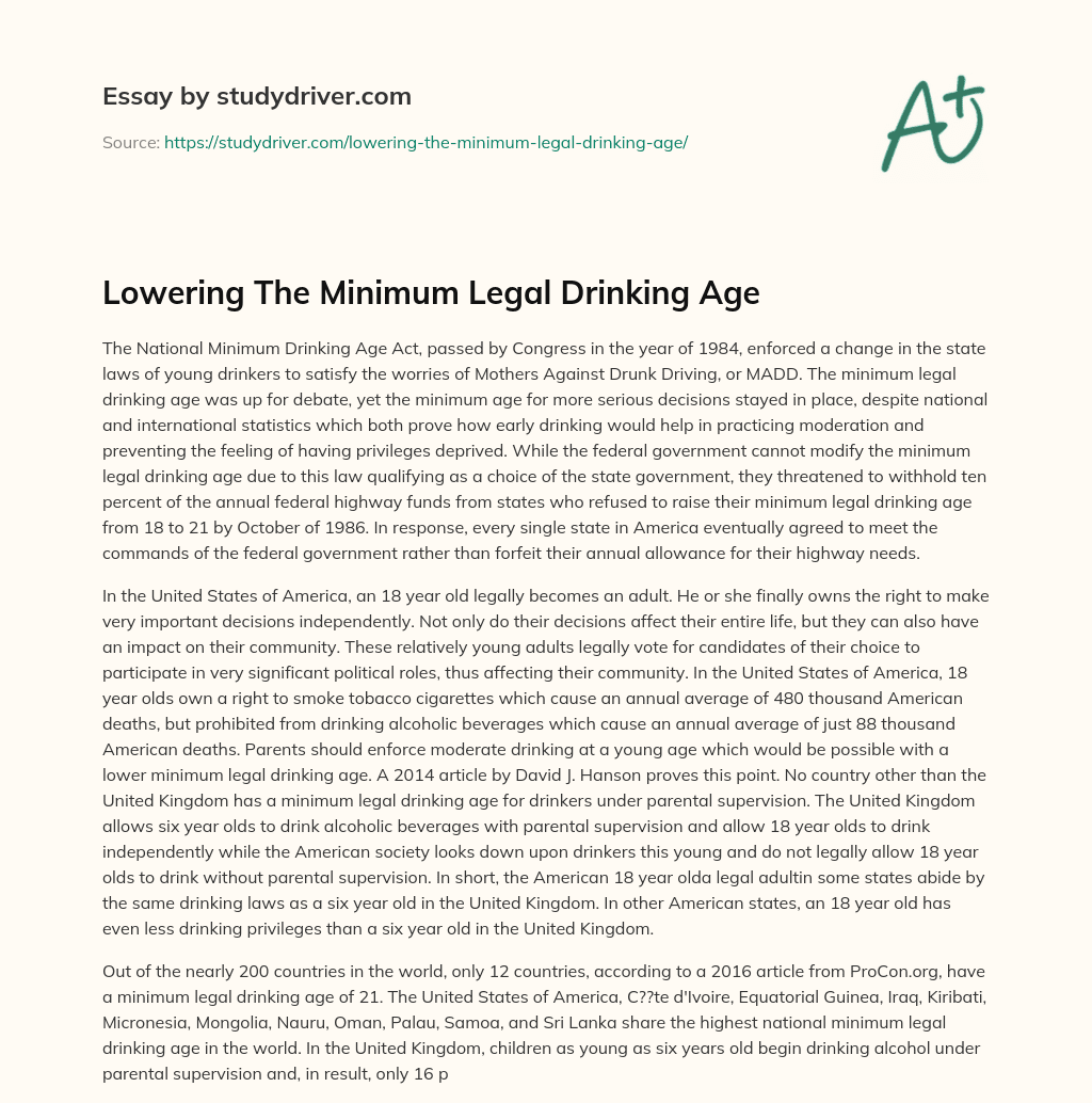 Lowering the Minimum Legal Drinking Age essay