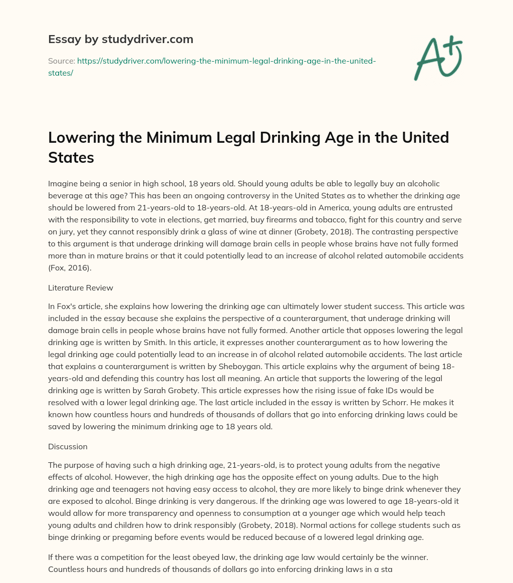 Lowering the Minimum Legal Drinking Age in the United States essay
