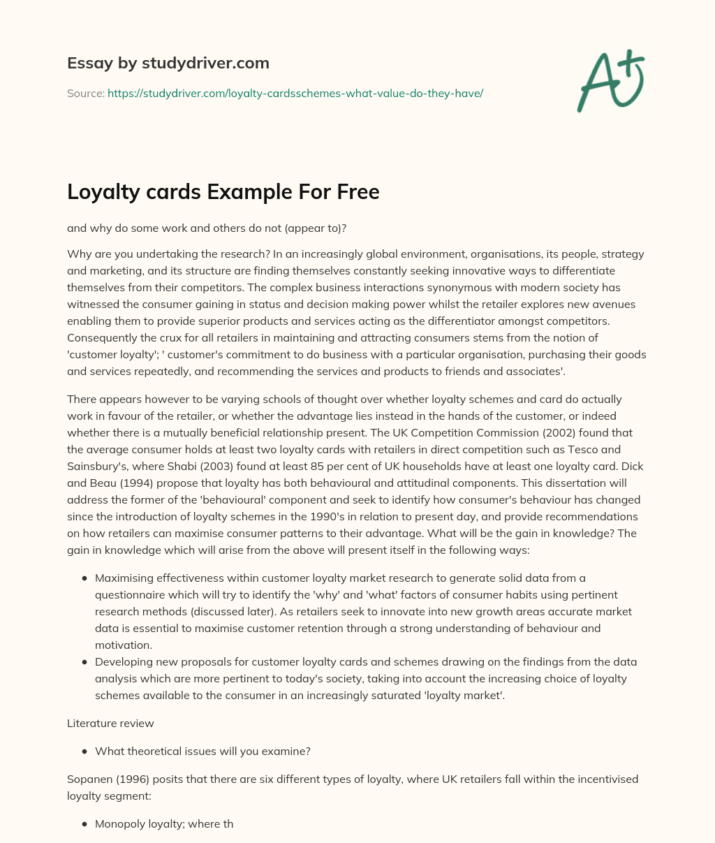 Loyalty Cards Example for Free essay
