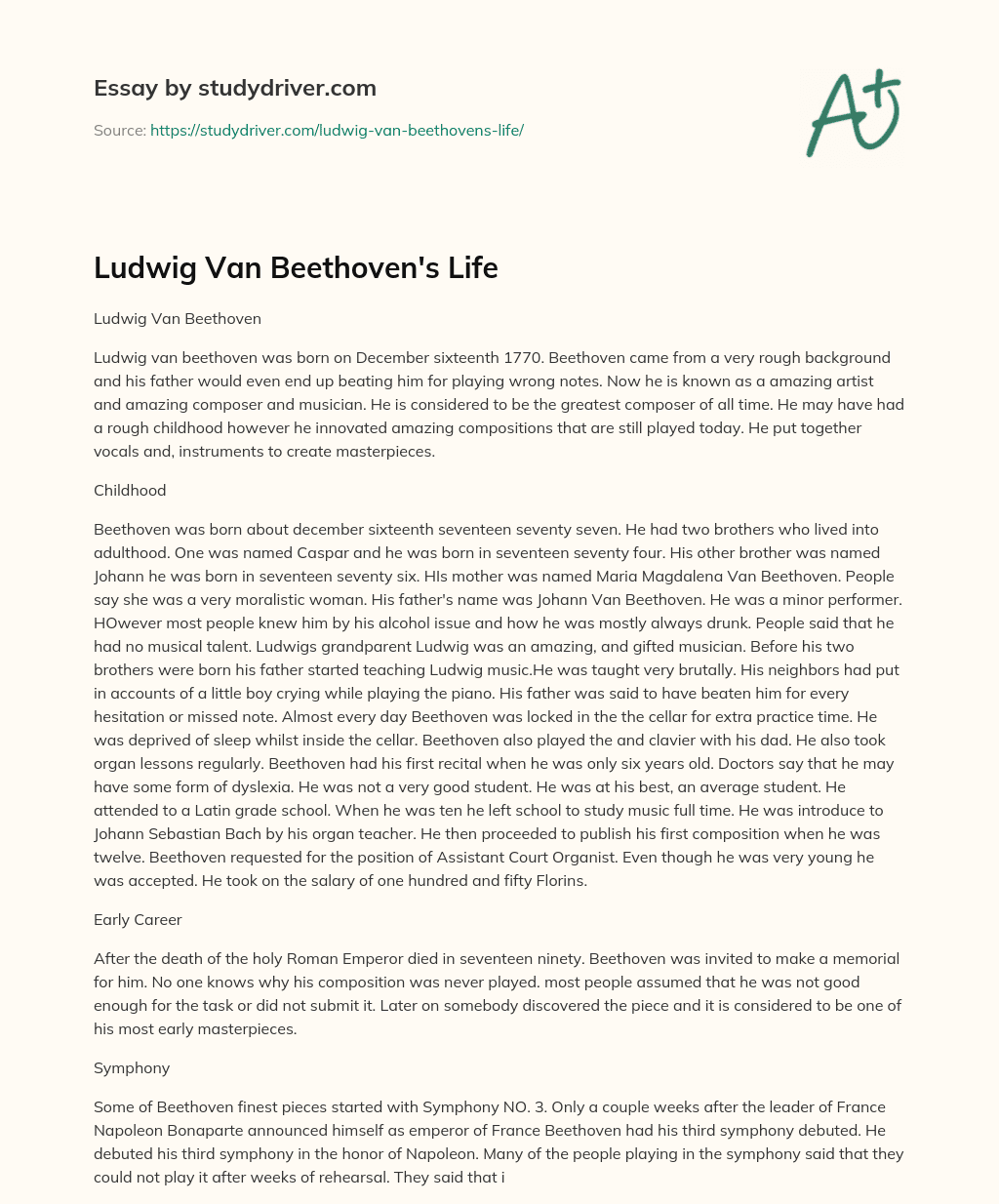 Ludwig Van Beethoven’s Life essay