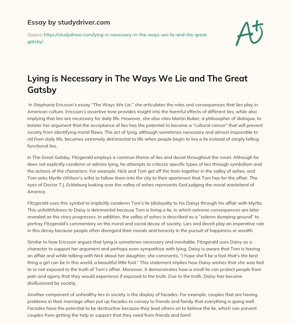 Lying is Necessary in the Ways we Lie and the Great Gatsby essay