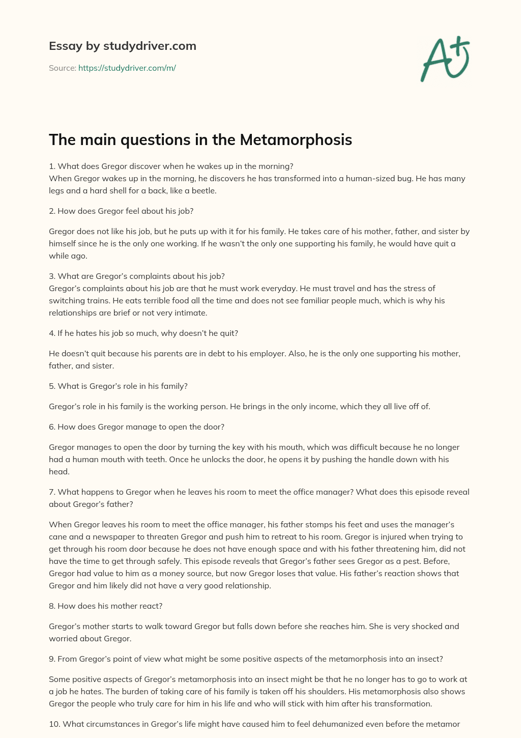 The Main Questions in the Metamorphosis essay