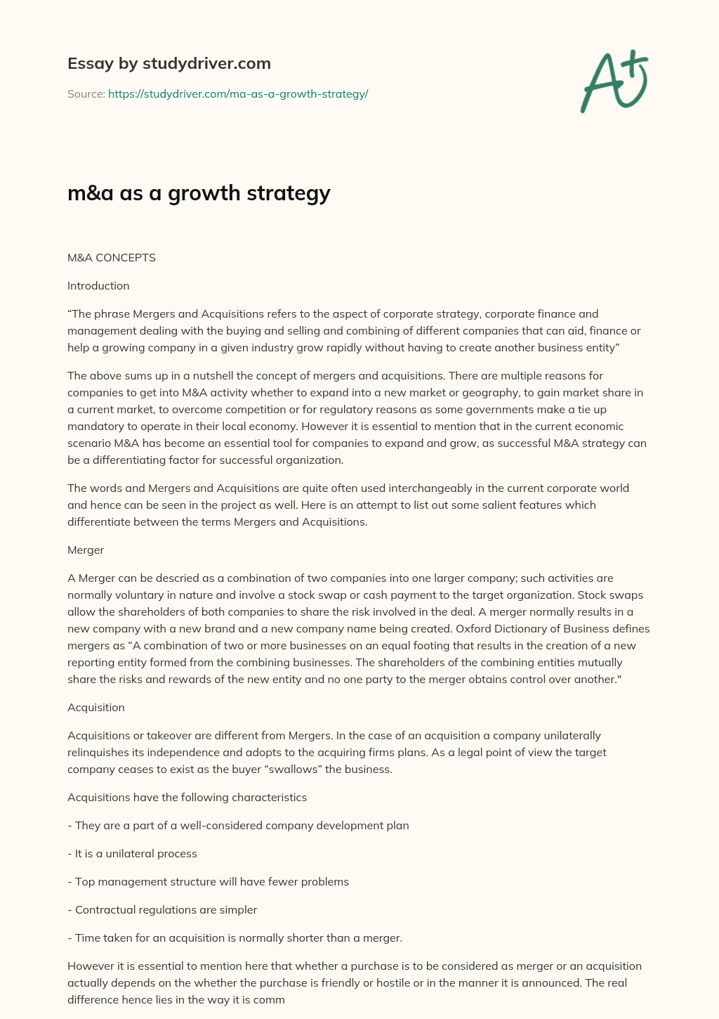 M&a as a Growth Strategy essay