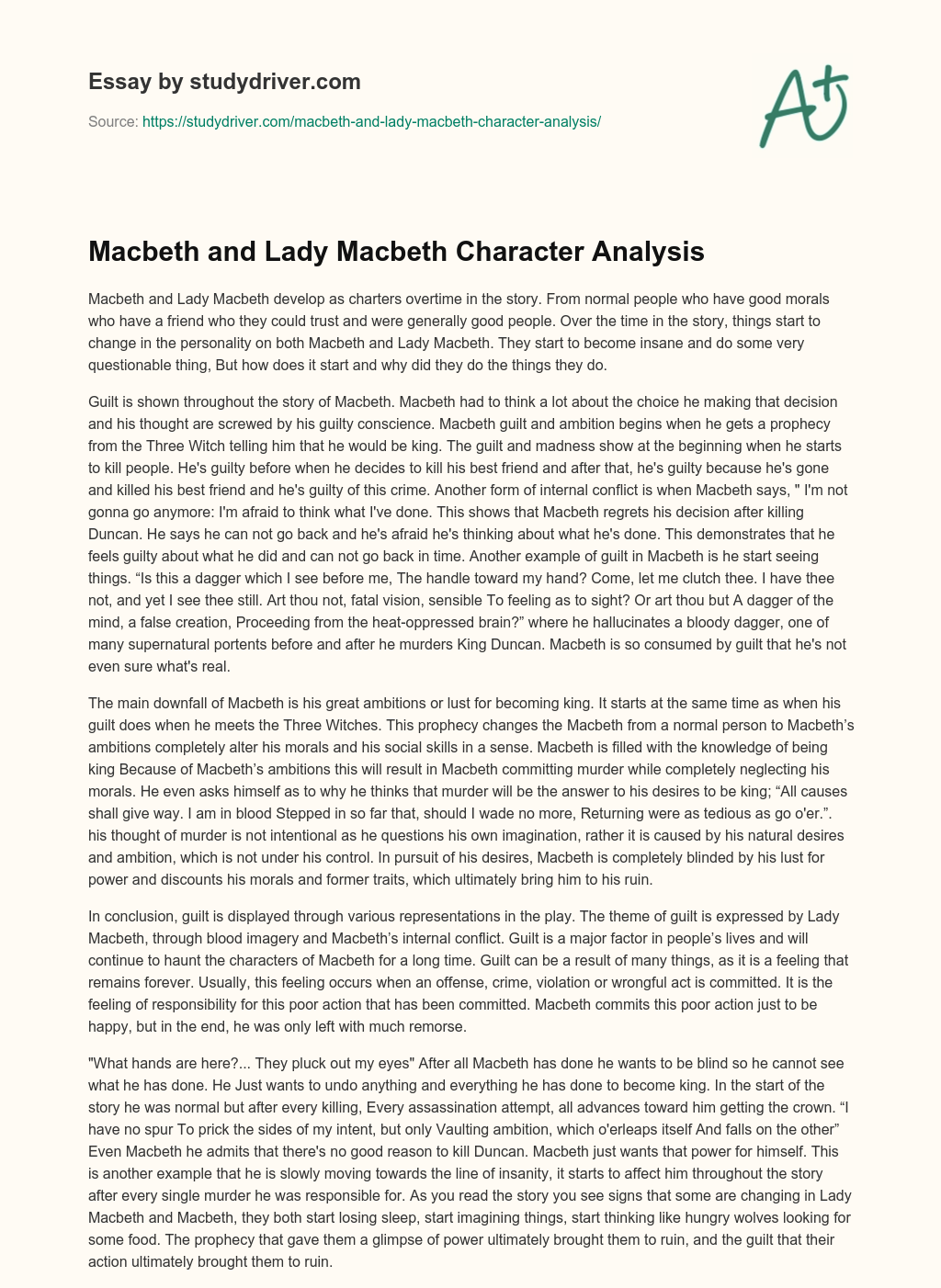 Macbeth and Lady Macbeth Character Analysis essay