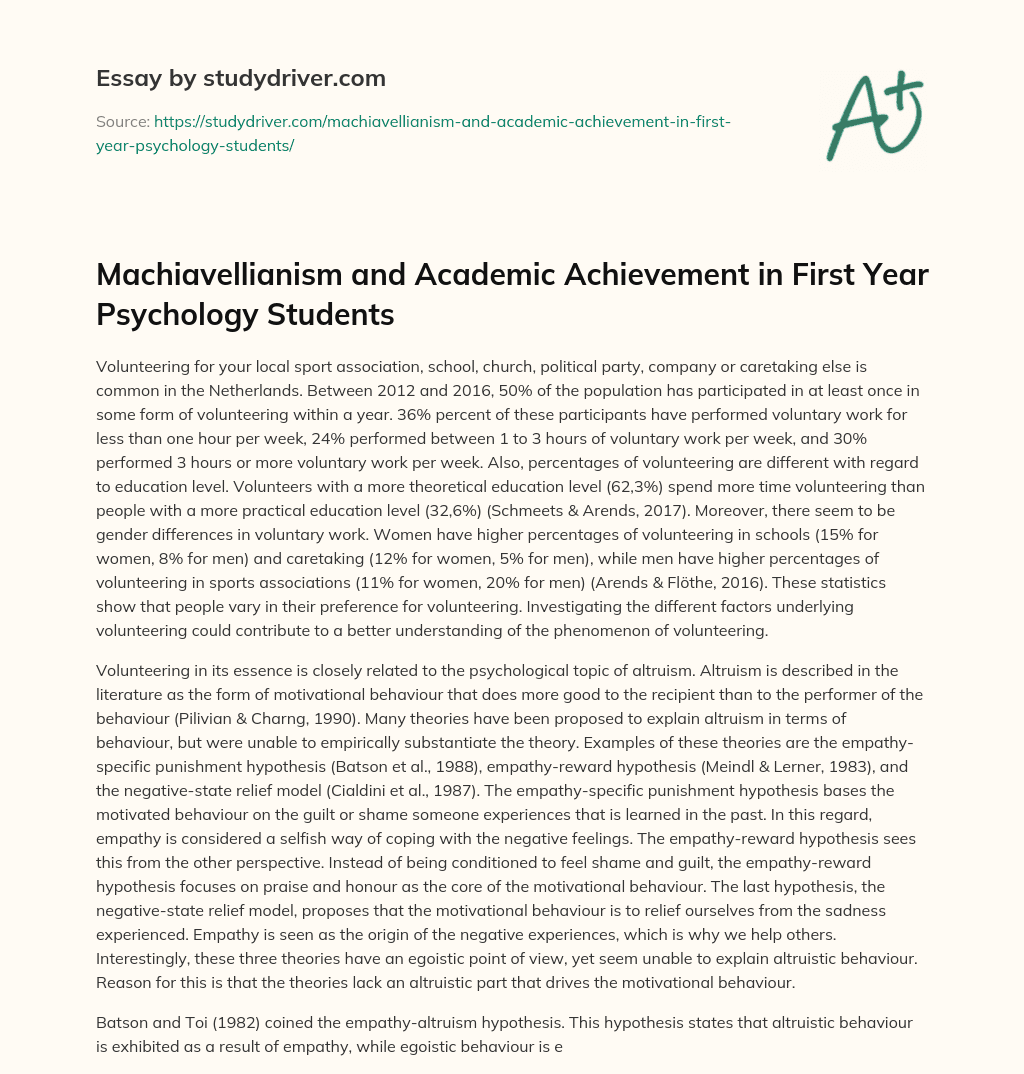 Machiavellianism and Academic Achievement in First Year Psychology Students essay