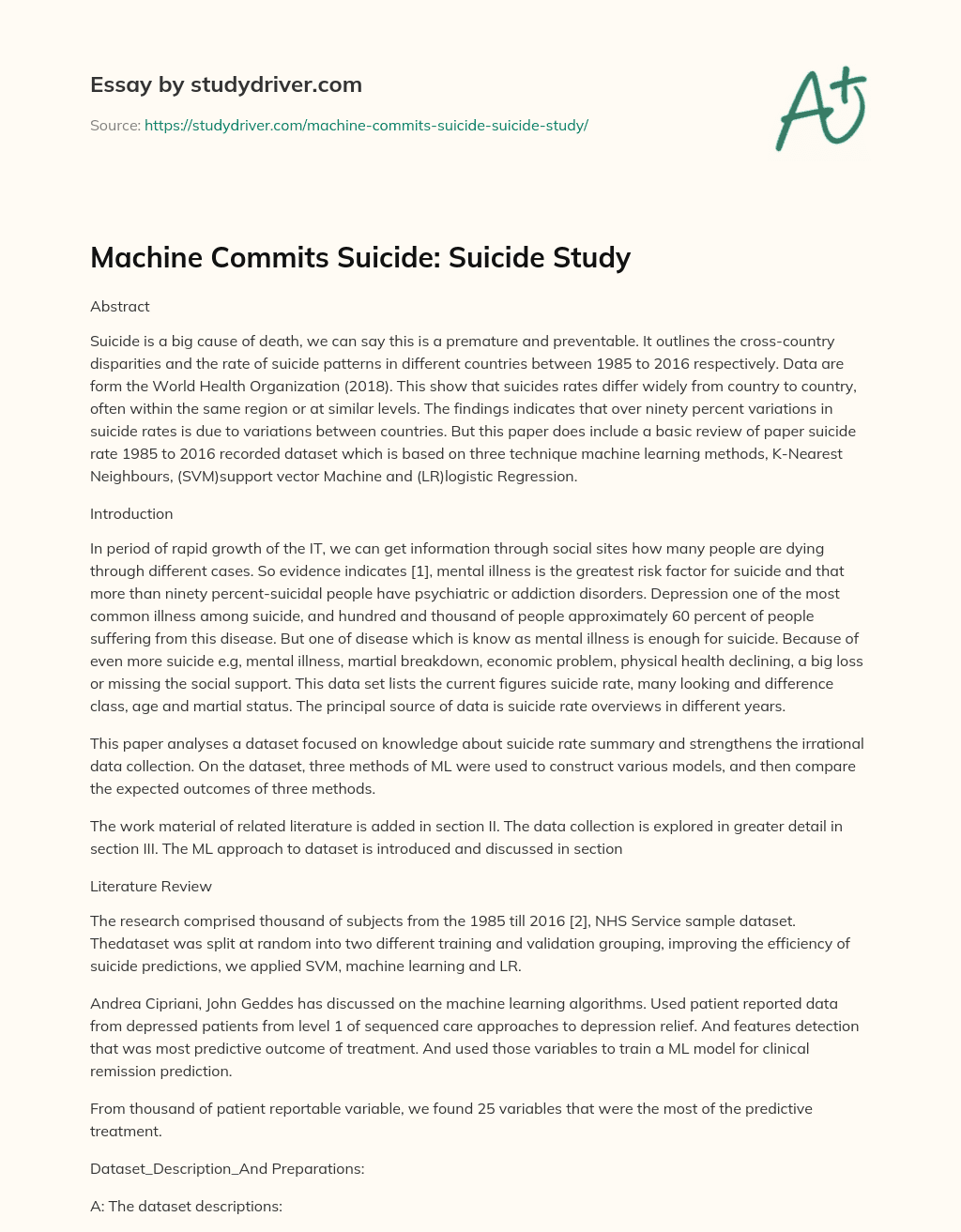 Machine Commits Suicide: Suicide Study essay