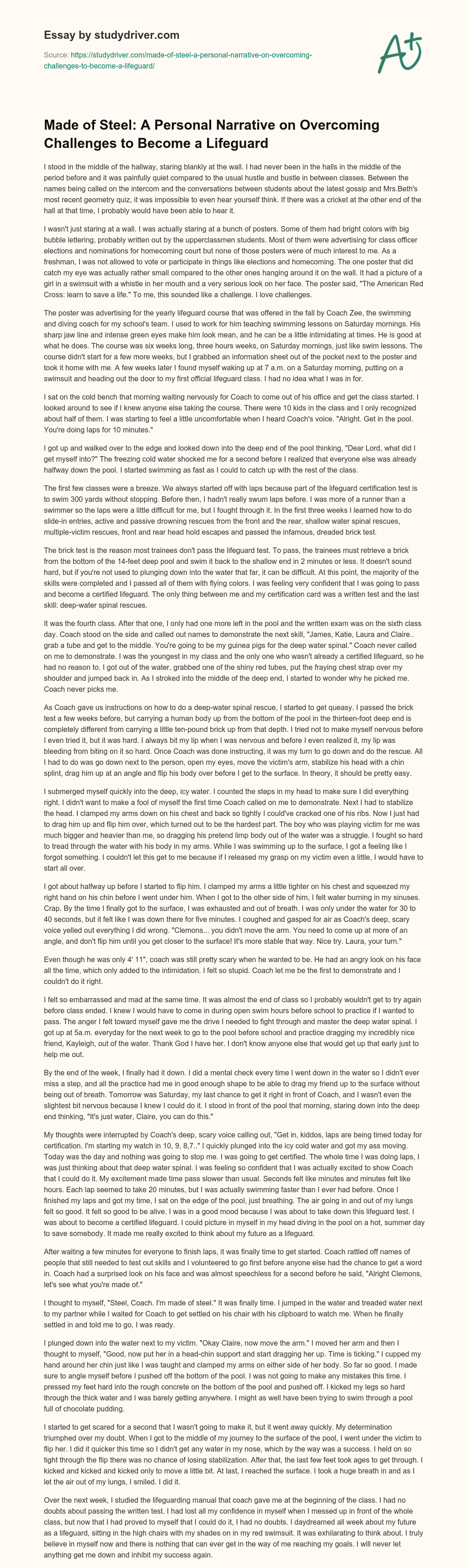Made of Steel: a Personal Narrative on Overcoming Challenges to Become a Lifeguard essay