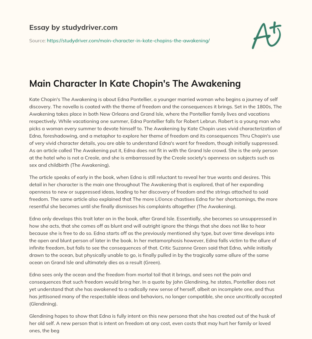 Main Character in Kate Chopin’s the Awakening essay