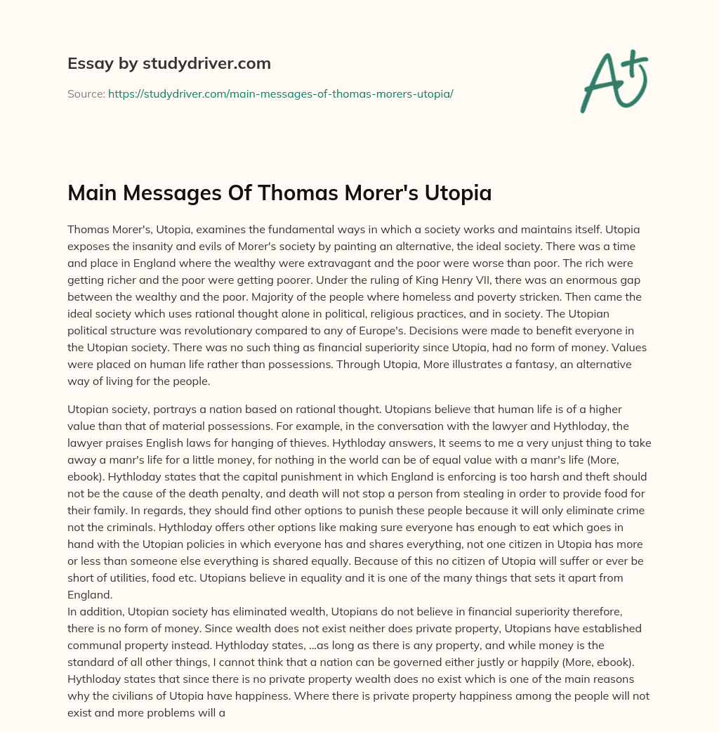 Main Messages of Thomas Morer’s Utopia essay