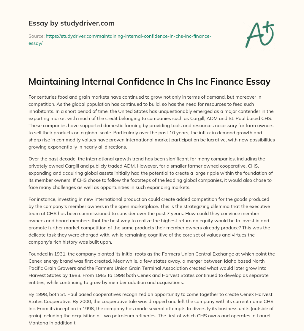 Maintaining Internal Confidence in Chs Inc Finance Essay essay