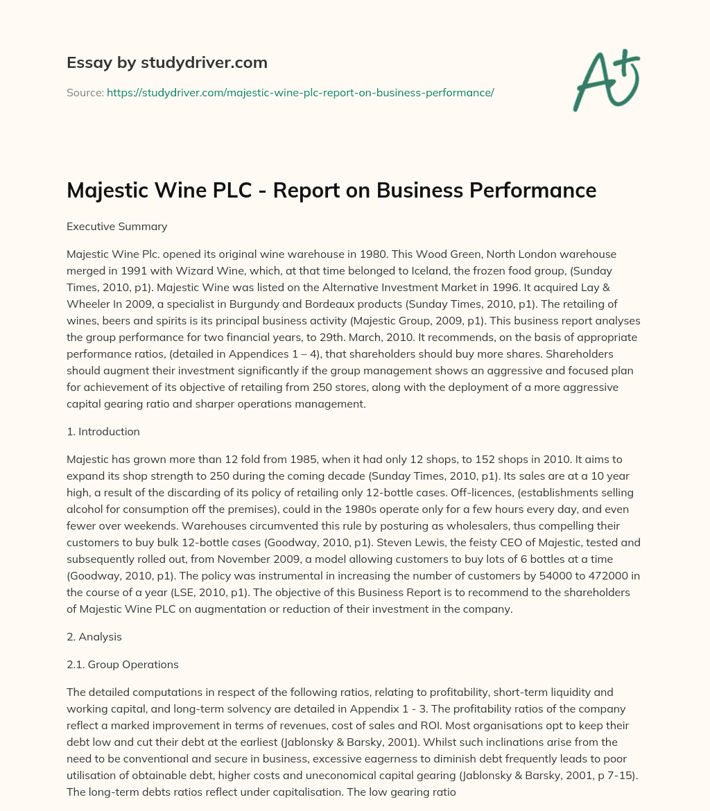 Majestic Wine PLC – Report on Business Performance essay