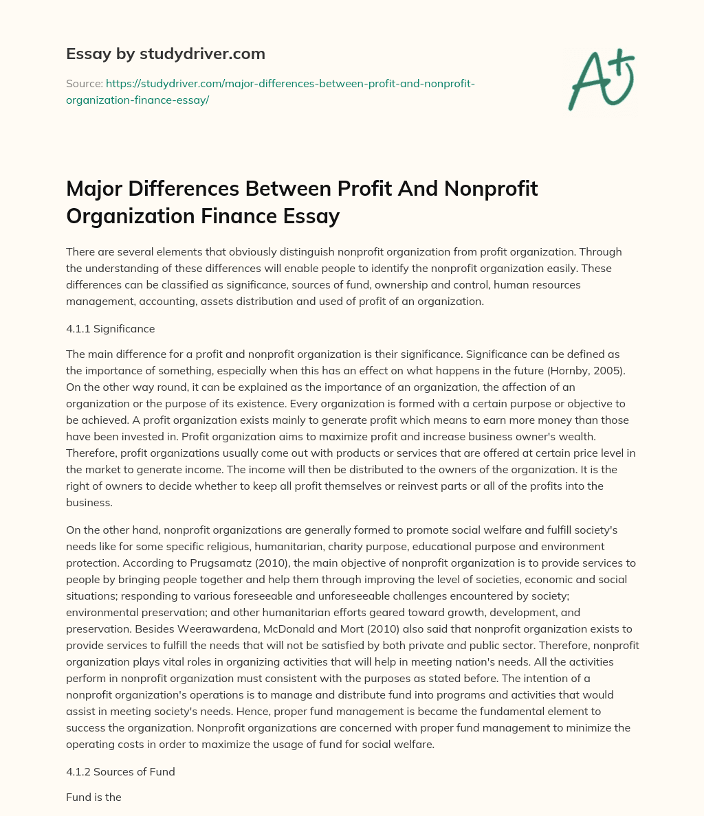 Major Differences between Profit and Nonprofit Organization Finance Essay essay