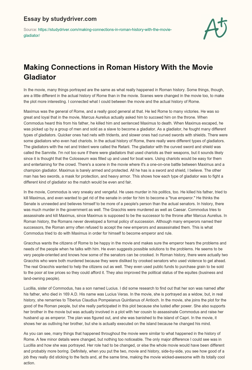 Making Connections in Roman History with the Movie Gladiator essay