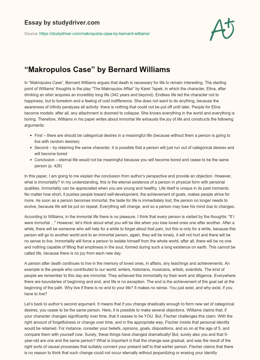 “Makropulos Case” by Bernard Williams essay