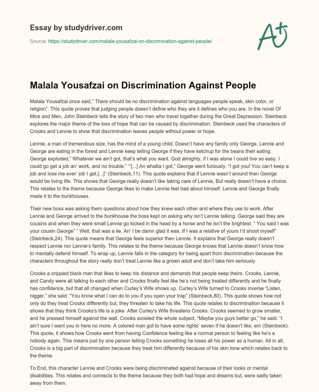 Malala Yousafzai on Discrimination against People essay