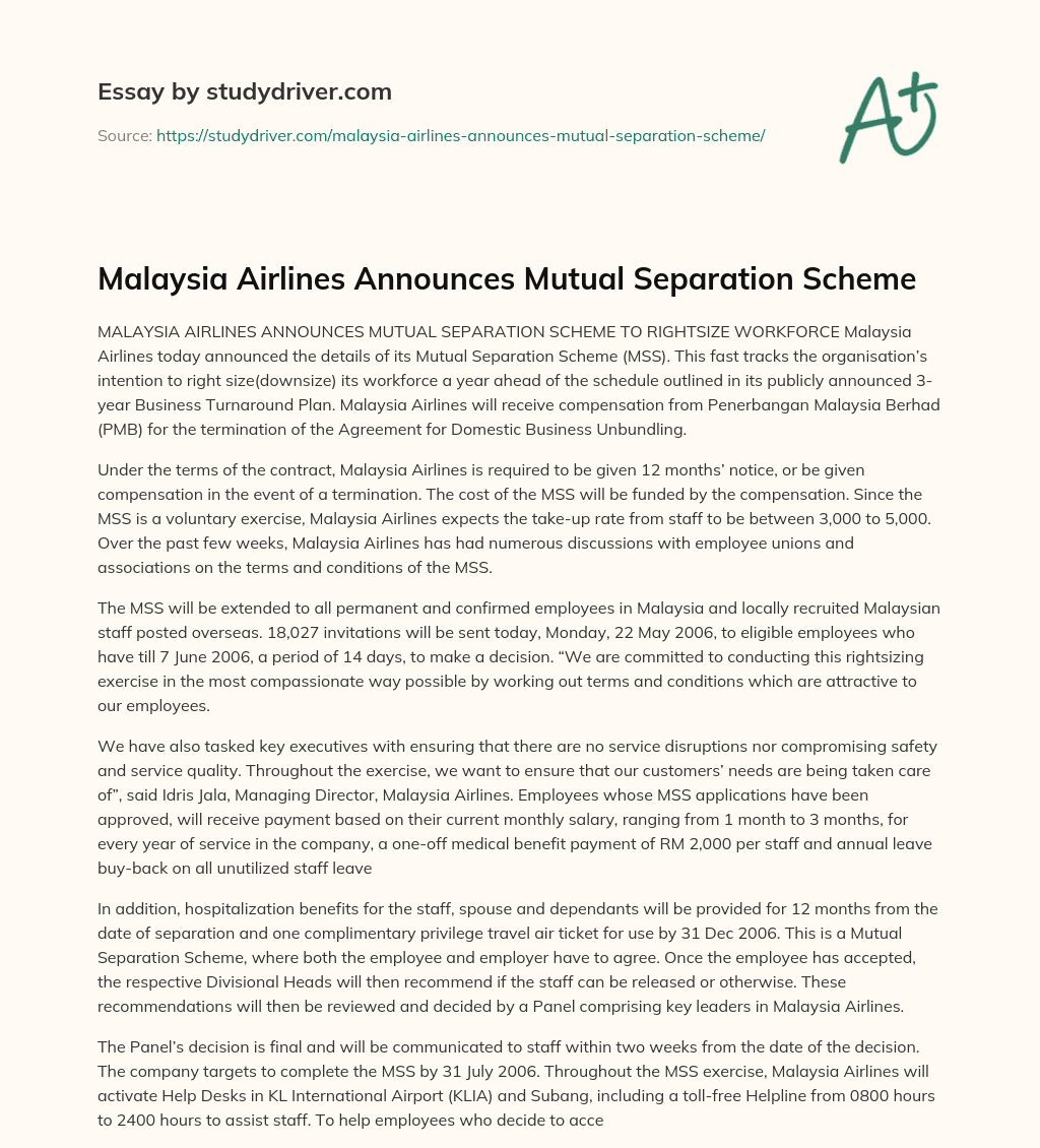 Malaysia Airlines Announces Mutual Separation Scheme essay